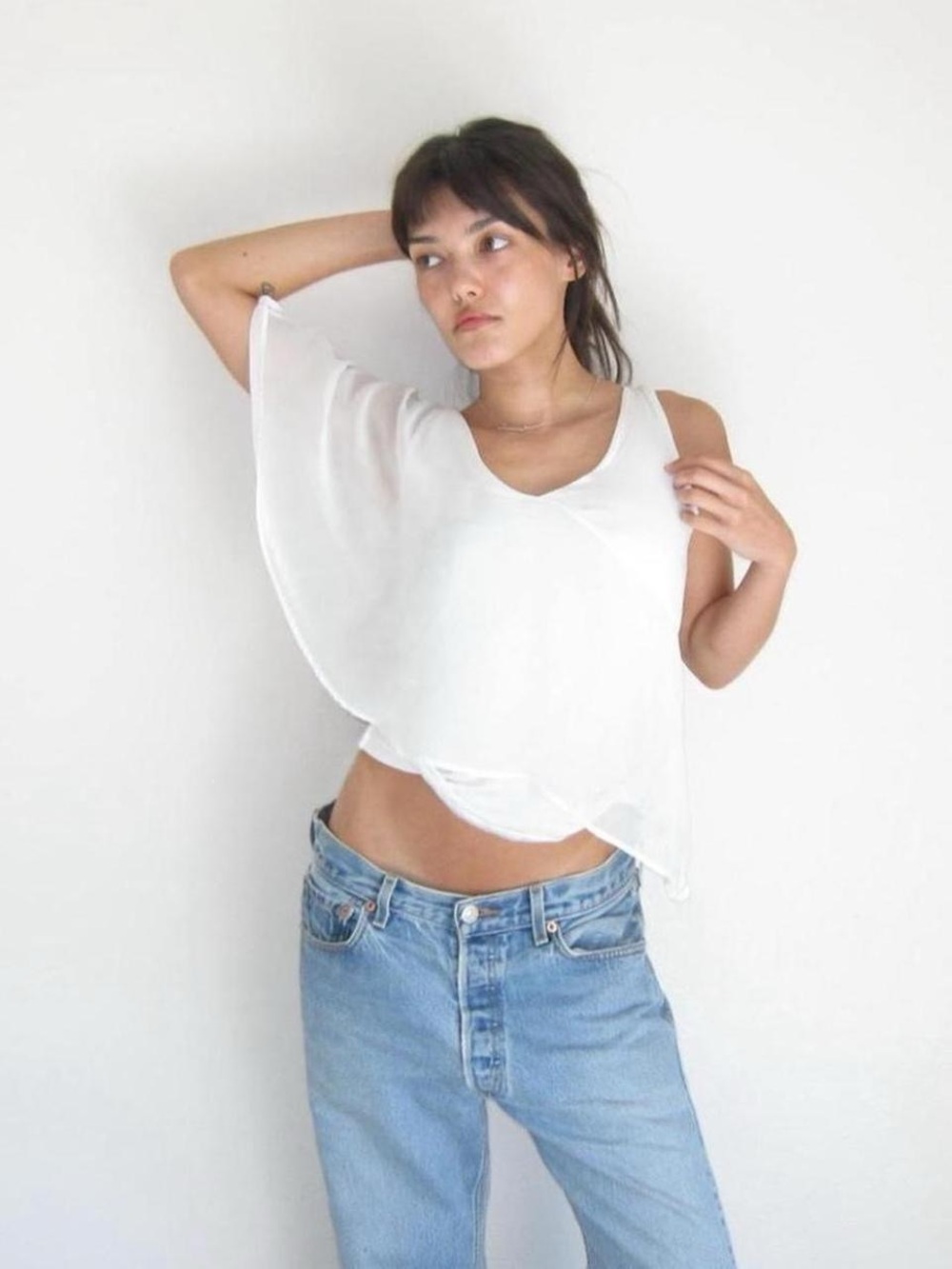 Vintage bebe White One-Shoulder Asymmetrical Draped Chiffon Tank Top Cami